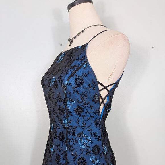 Vintage Morgan Co Prom Dress Maxi Gown 10 Blue Black Goth 90S Y2K Floral Glam - Picture 4 of 11